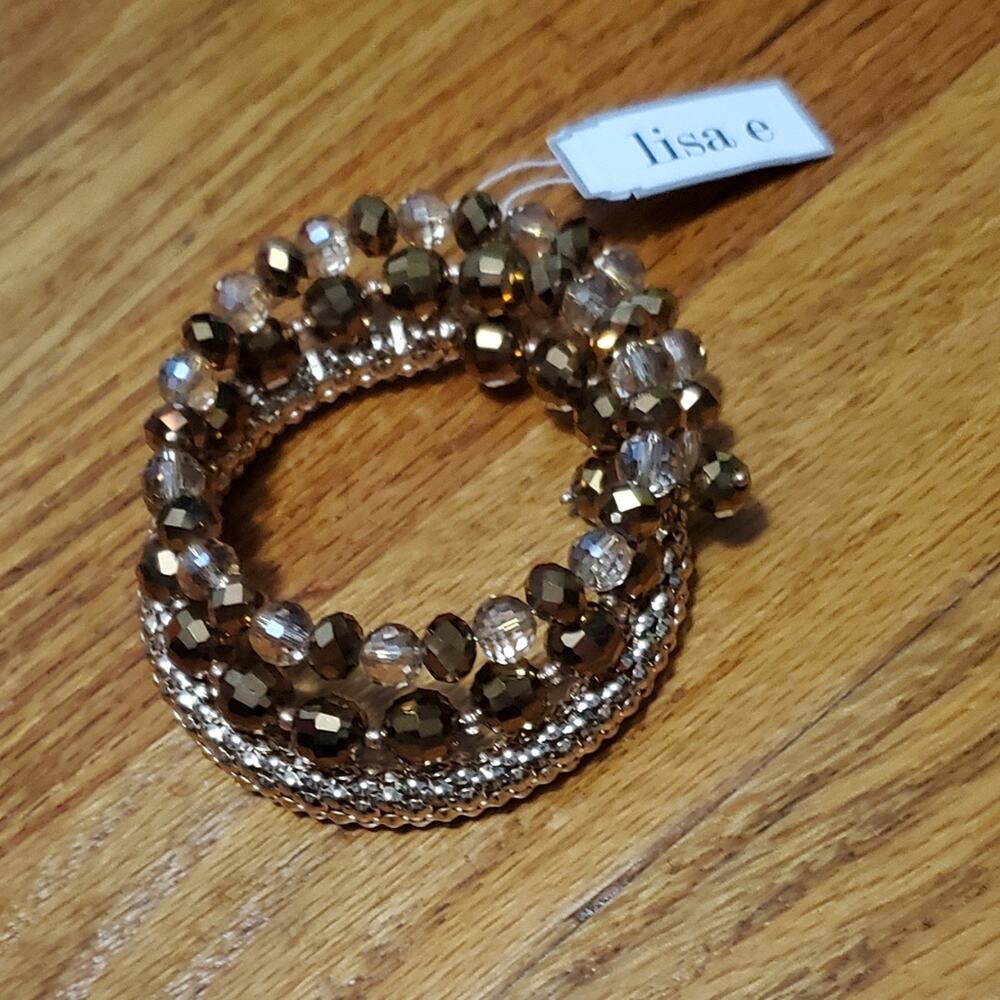 🐚 Lisa E Moss Brown Crystal Gold Tone Wrap Bracelet New Artisan Jewelry